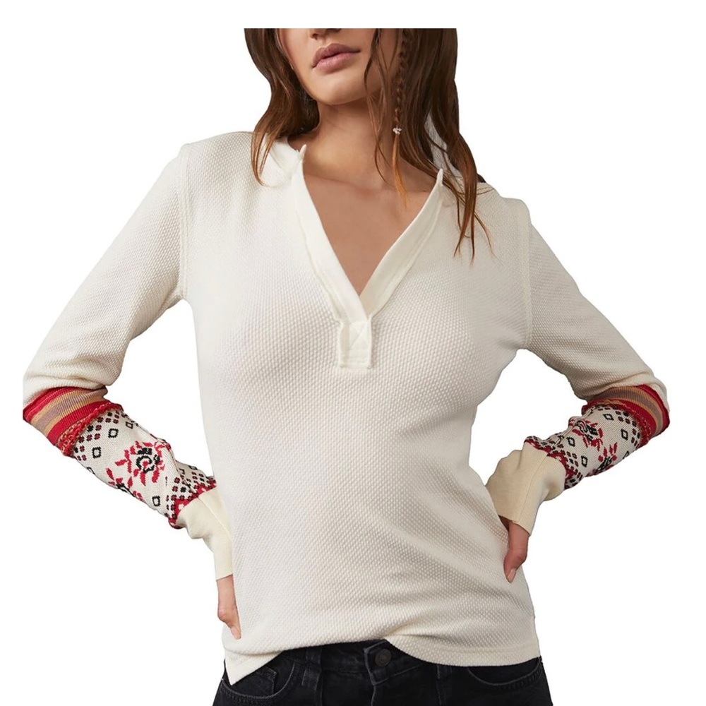 We The Free Cream Top with Red Patterned Sleeves